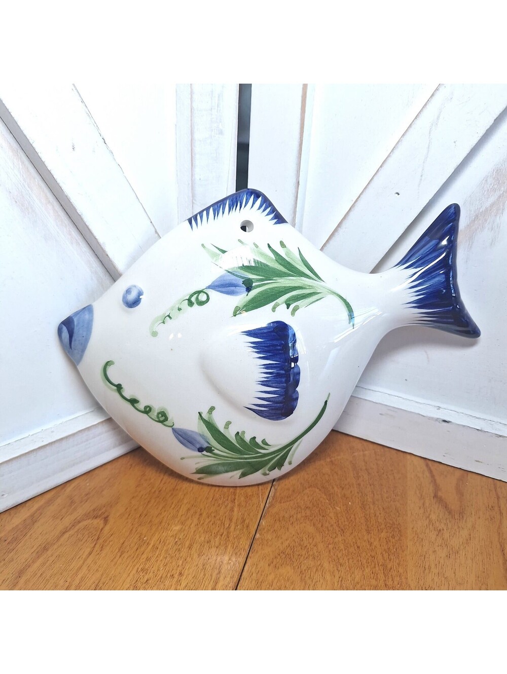 VTG Hand Painted Ceramic Portuguese Fish Wall Plaque Floral 8.5"L X 7"H